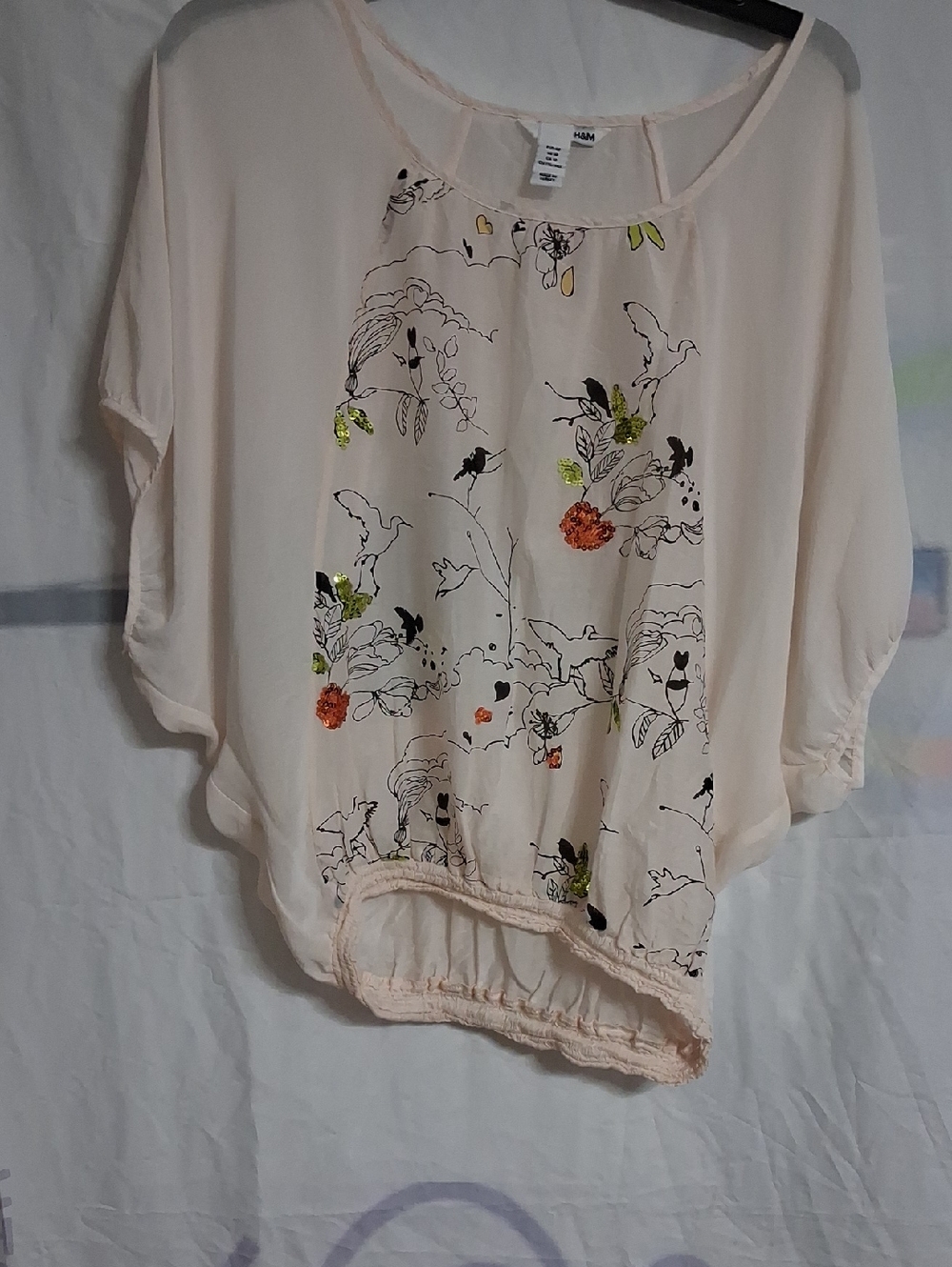 H&M Light Cream Floral & Bird Print Dolman Blouse